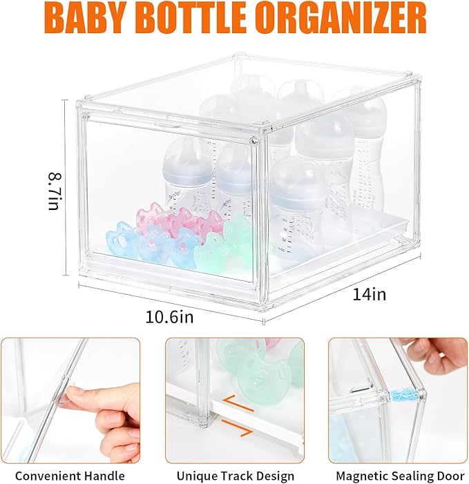 YESGIRL 2 Packs Clear Baby Bottle Organizer,Clear Stackable Acrylic Storage With Drawer for Countertop Cabine Storage Station Case Box Container for Nipples Pump Parts Food Jars