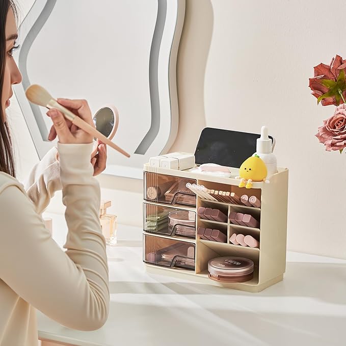 Makeup Organizer Countertop with 3 Drawers, Multi-Function Desktop Vanity Organizer for Skincare Makeup Brush Lipstick, Bathroom Counter Organizer, Cream White