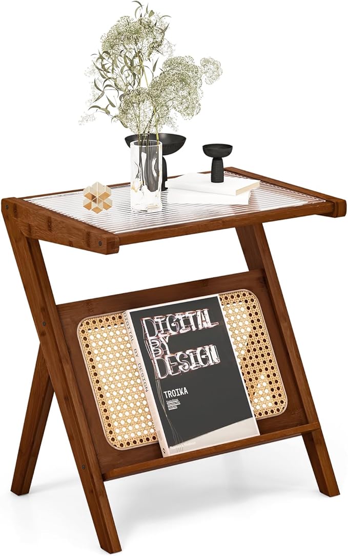 Giantex Rattan Side Table, Boho Nightstand with Glass Top & Magazine Rack, End Table with Storage, Bamboo Bedside Table for Small Space Living Room Bedroom (1, Walnut)
