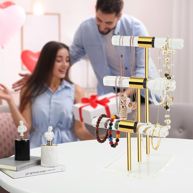 T-Bar Tangle-free Necklace and Jewelry Display Stands, 3-Tier Acrylic Bracelet Holder Stand, Clear Gold Jewelry Organizer with Stainless Rod, Women Vendors Retail Store Counter Bangles Display Stand