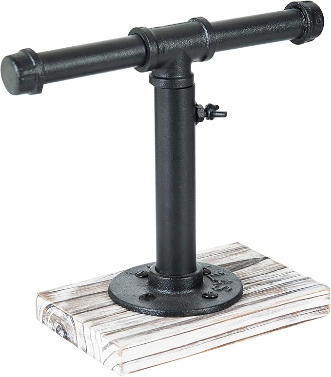 MyGift Industrial Pipe Black Metal T-Bar Adjustable Height Jewelry, Bracelet & Necklace Display Stand with Torched Wood Base