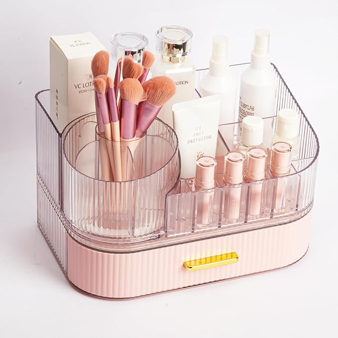 360° Rotating Makeup Organizer with Drawer, Clear Acrylic Cosmetic Storage Display, Stackable Beauty Counter (Pink, Large (Tray + 1 Drawer))