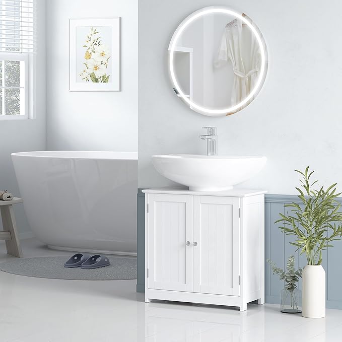 kleankin 23.5" Pedestal Sink Storage Cabinet, Freestanding Bathroom Under Sink Cabinet with U-Shape Cut-Out and Adjustable Shelf, White