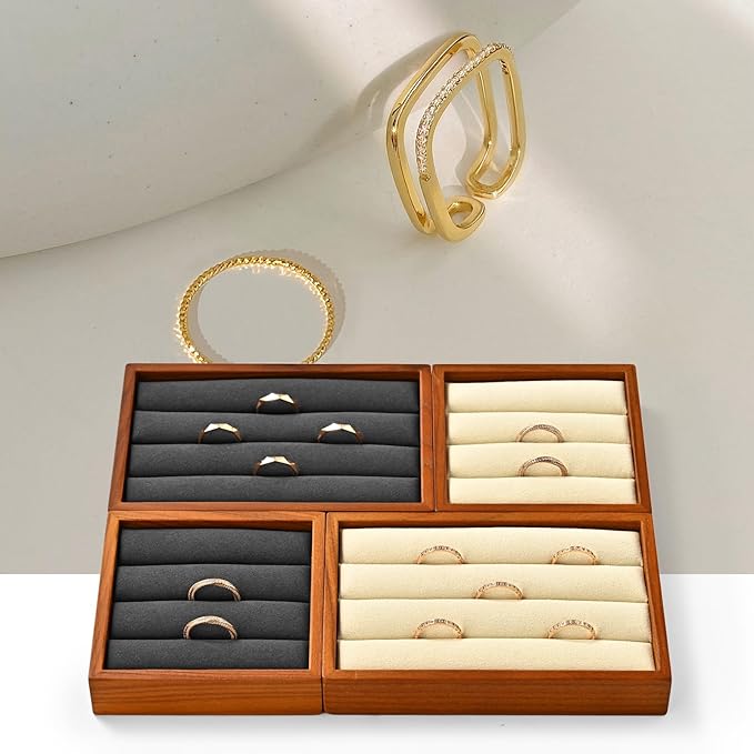 Solid Wood 3-Slots Jewelry Ring Display Tray Showcase Small Jewelry Display Organizer Tray for Rings(S,Beige)