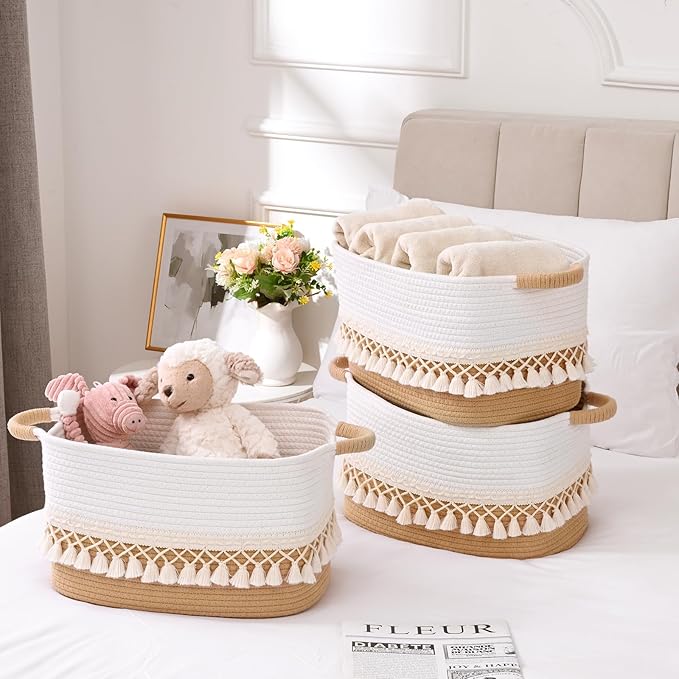 3 Pack Storage Basket for Shelves, Boho Cotton Rope Storage Bins with Heavy Tassel, Shelf Baskets Large Woven Baskets for Organizing, Cube Organizer Bins, Baby Laundry Basket for Clothes, Toys, Pets
