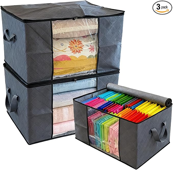 Clothes Storage Bags with Zipper, Foldable Clear with Lids and Handle, For Blanket Clothes Comforter Closet Organization, 3-Pack, 90L, Grey
