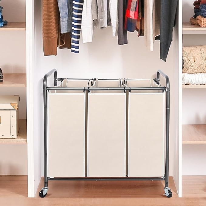 STO STO Laundry Sorter 3 Section, 3 Bag Laundry Hamper, Rolling Laundry Cart, Laundry Basket with Heavy Duty Lockable Wheels and Removable Bag for Clothes Storage, Beige