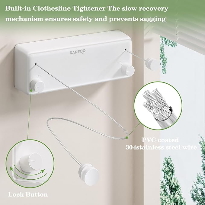 Danpoo Retractable Clothesline, 2x13.8ft Stainless Steel Clothes Line for Indoors/Outdoors, Wall-Mounted Laundry Drying with Auto-Lock, Heavy Duty(White)