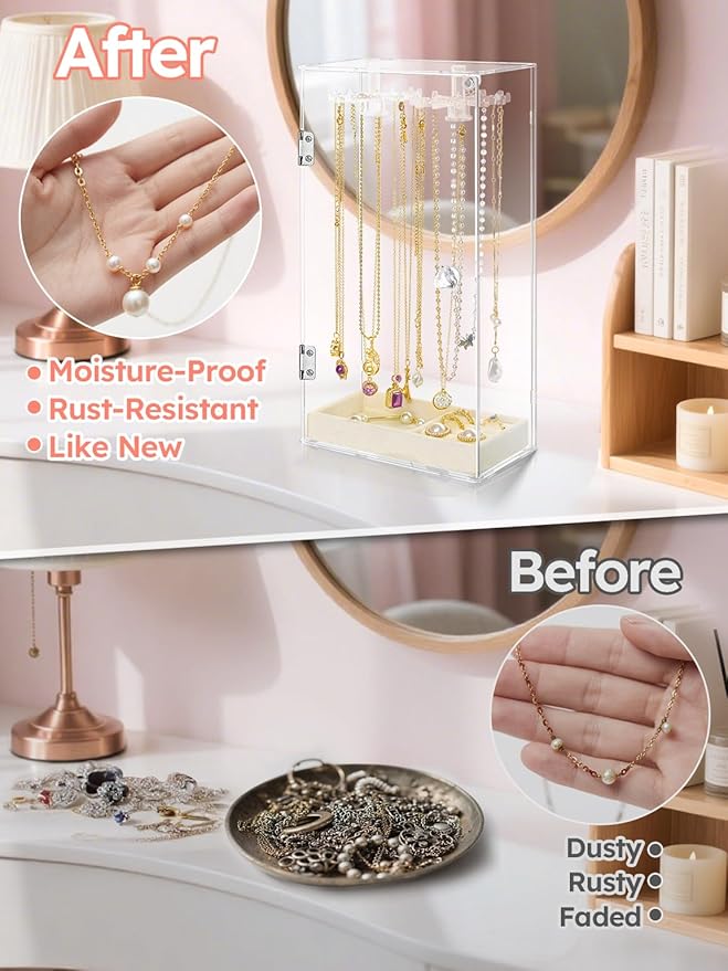 Cirhy Necklace Holder, Acrylic Necklace Organizer with 24 Rotating Hooks, Dust-Proof Jewelry Display Case for Necklaces, Pendants, Earrings, Rings, Enclosed Clear Storage Stand with Velvet Lined Tray