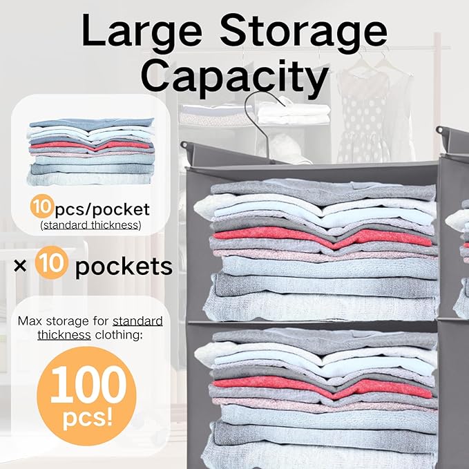 5 Shelves Hanging Closet Organizer – Foldable Dual-Row Hanging Clothes Storage with 3 Hooks, Space-Saving Closet Organizer and Storage for Sweater and Hats, Ideal for Dorms and Bedroom, Grey