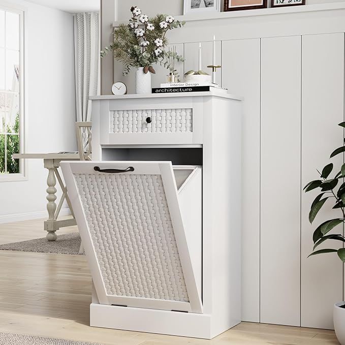 Tilt Out Laundry Hamper Cabinet,10 Gallon Laundry Cabinet with Drawers ＆ Hidden Baskets, Farmhouse Laundry Storage Basket for Laundry Room, Bathroom, Kitchen, White