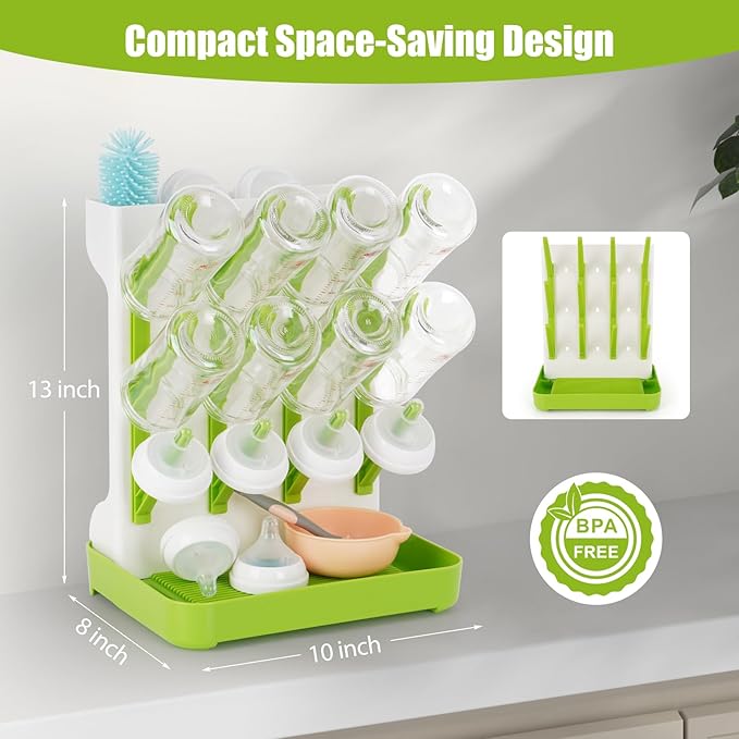 Baby Bottle Drying Rack, 2PCS Space Saving Baby Bottle Organizer for Countertop, Vertical Bottle Dryer Holder with Brushes Holder, Large Bottle Storage Holder 12 Bottles & Baby Accessories