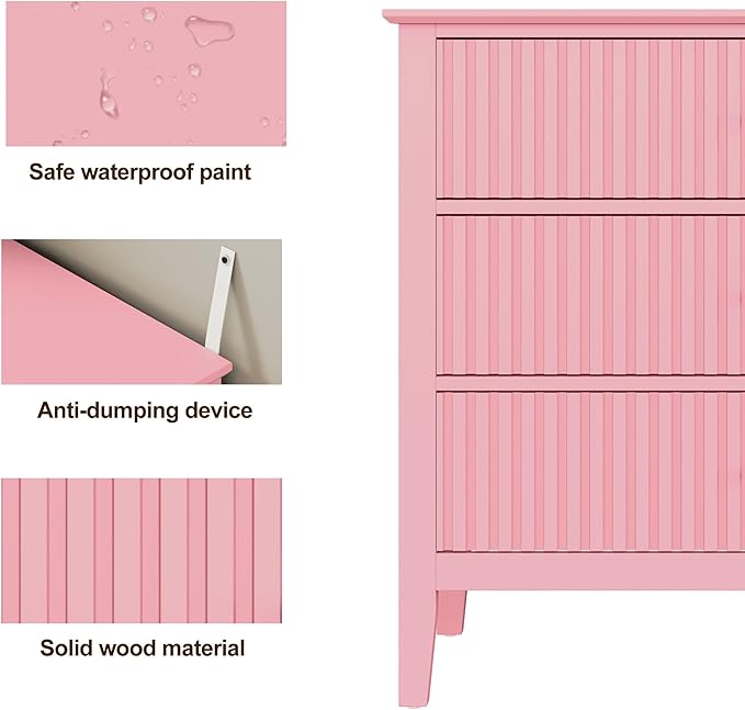RoyalCraft Fluted 32 inch Wide Nightstand Set of 2, Large Pink Nightstand with 3 Drawer, Modern End Table, Wood Beside Table for Home and Office