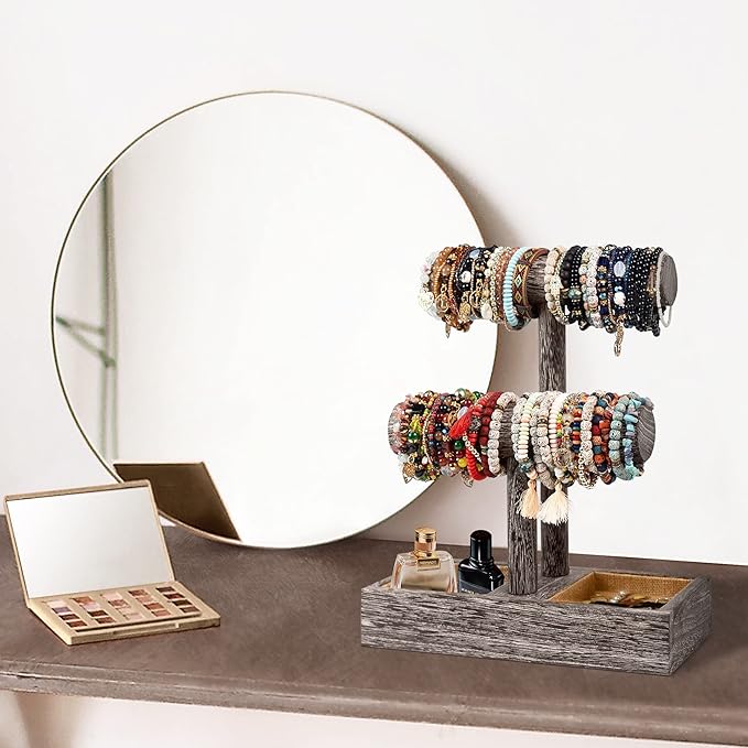 LadyRosian 2 Tier Wooden Display Jewelry Accessory Stand Jewelry Bracelet Holder Bangle Watch Necklace Storage Jewelry Holder Stand Display Organizer, (Antique White-2 layers)