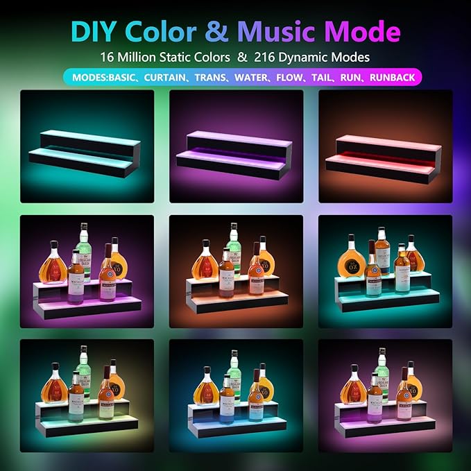 Led Lighted Liquor Bottle Display Shelf, 20 Inch 2 Tier Whiskey Rack, Support USB, Bar Stand with RF Remote & App Control, Illuminated Acrylic Lighting Shelves for Home Bar, Party
