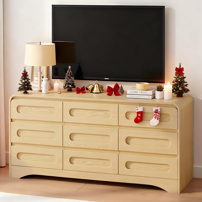 Dresser for Bedroom with 9 Drawers, 63" Large Modern Dressers & Chest of Drawers with Curved Profile Design, Wood Closet Clothes Storage Long Dressers Organizer for Bedroom Living Room Hallway, Oak