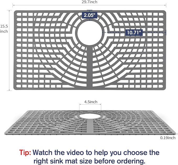 Silicone Sink Protector 30"x16" Rear Drain Hole, Heat Resistant Non-slip Dishwasher Suitable, Large Sink Mat for Bottom of Farmhouse Kitchen Stainless Steel Sinks