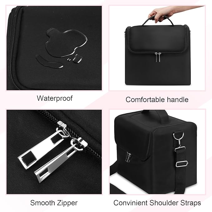 Large Makeup Carrying Train Case for Women, Black Travel Bag Storage Box,4 Tier Professional Nail Organizer Case with Adjustable Dividers for Nail Tools Jewelry MakeUp Brushes