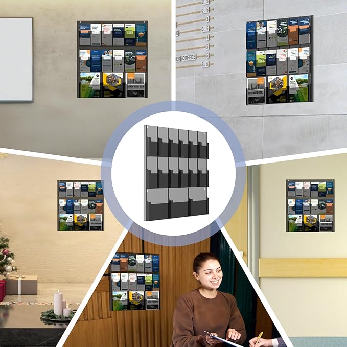 Acrylic Brochure Pamphlet Holder, 3 Magazine Holders and 12 Pamphlet Holders, Black Display Rack Wall Mount, Trifold Flyer Holder, Literature Storage Rack for Home, Offices, Waiting Room