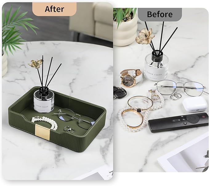 Valet Tray Desktop Storage Organizer, PU Leather Catchall Bedside Vanity Tray with Brass Accents Block Nightstand Organizer for Keys Watch Wallet Phone, Decorative Nightstand Storage (Green)