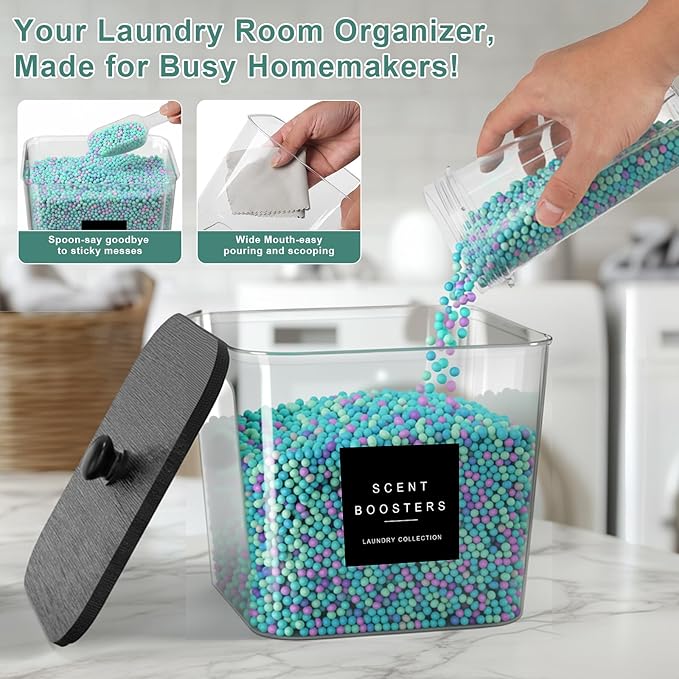 4 Pack Laundry Pod Containers and Dryer Sheet Holder Acrylic Jars with Bamboo Lids and Labels Laundry Room Organization Containers for Scent Booster Powder Detergent Pods Storage
