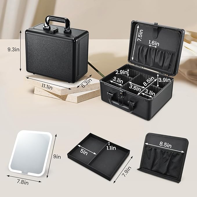 Makeup Case with Lighted Vanity Mirror, Makeup Organizer Box Travel Make up Case with LED Mirror Portable Cosmetic Train Case for Countertop Lockable Makeup Suitcase with Adjustable Dividers