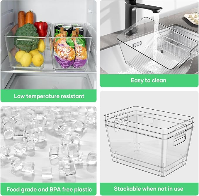 12 Pack Clear Plastic Storage Bins, 11" Large Pantry Organizer Bins with Handles, Plastic Containers for Refrigerator,BPA-Free Perfect for Kitchen,Fridge,Cabinet,Pantry,Bathroom,Closet Organization
