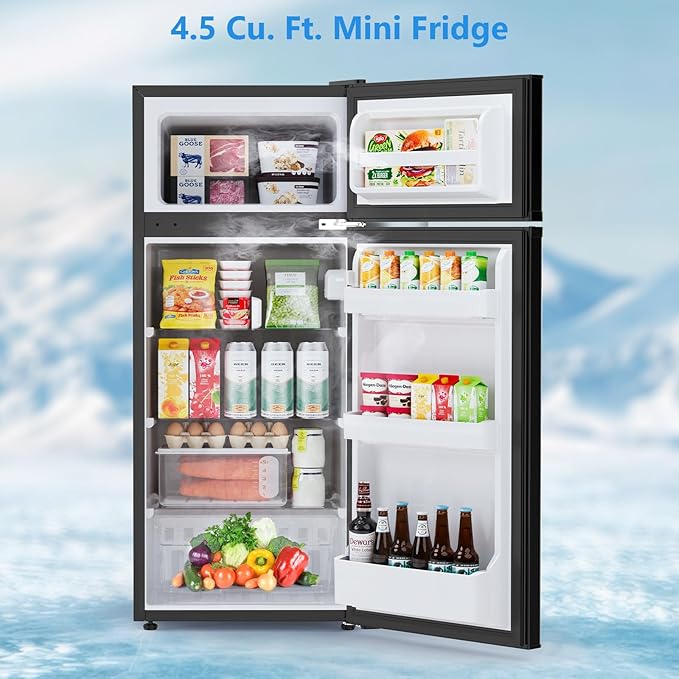 4.5 Cu.Ft Mini Fridge with Freezer, 2-Door Compact Refrigerator With 2 Removable Shelves, 3 Level Adjustable Thermostat, Quiet Efficient for Bedroom, Kitchen, Office, Apartment, Dorm