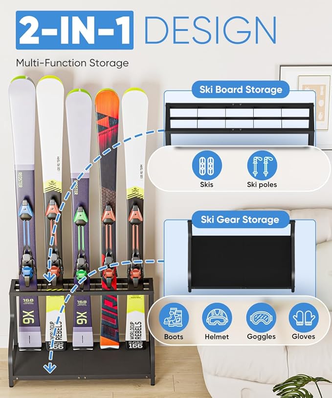 Ski Storage Rack for Garage — Freestanding Ski Holder for 5 Pair Skis, Helmet, Goggles, gloves, Indoor Snowboard Rack Organizer Stand for Home, Shed, Basement, Black