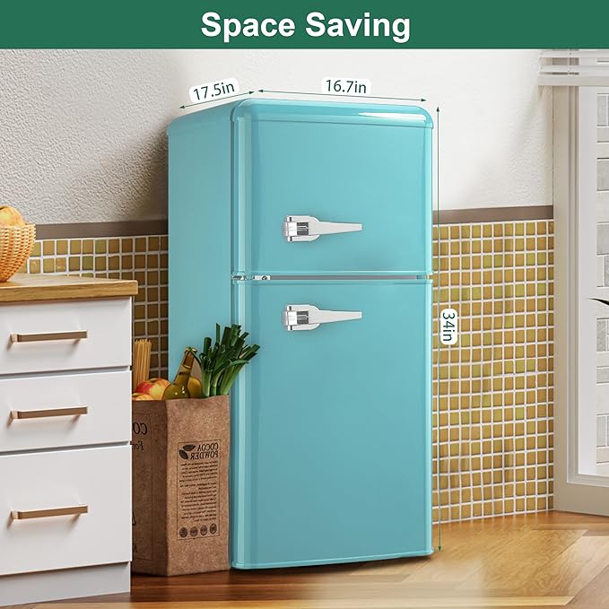 Retro Mini Fridge 3.5 Cu. Ft. Apartment Size Refrigerator with Freezer, 7-Level Adjustable Thermostat Small Retro Refrigerator with Freezer 2-Door Vintage Compact Fridge for Dorm Office RV, Mint Blue