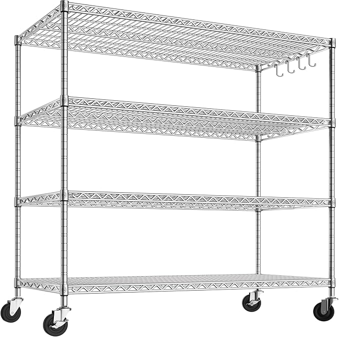 PrimeZone 4 Tier 55.5" Wx24 Dx76 H Wire Shelving with Wheels 2400lbs NSF Certified Storage Shelves Heavy Duty Metal Shelf Adjustable Rolling Rack Commercial Garage Restaurant Warehouse Kitchen Chrome