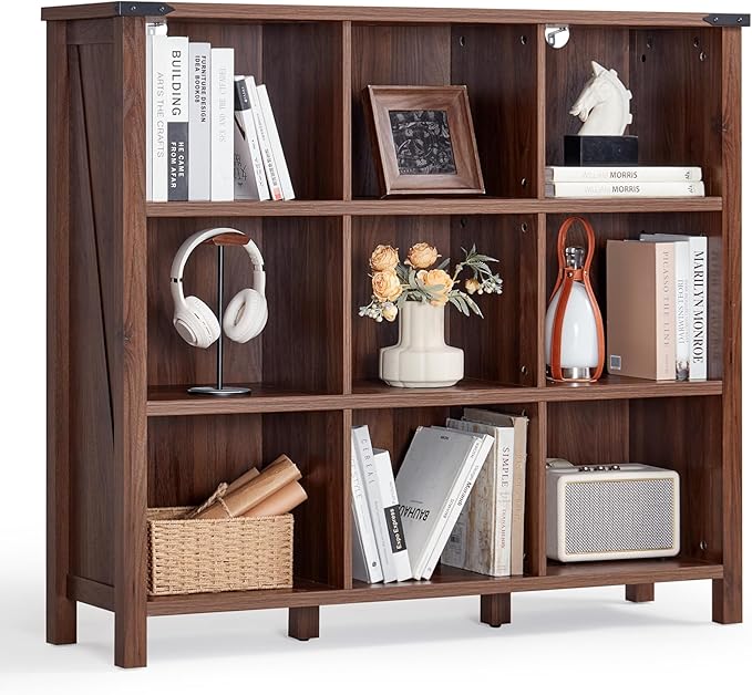 9 Cube Bookcase, Farmhouse 47 Inch Wide Brown Walnut Bookshelf, Wooden 3 Tier Display Large Open Book Shelf, Vintage Horizontal Book Case for Home Office, Cubby Storage Cabinet for Living Room