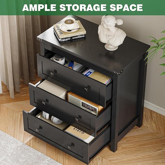 Dresser for Bedroom with 3 Drawers, 27.55" Wide Small Chests of Drawers, Farmhouse Wood Nightstand Bedside Cabinet End Table, Modern Closet Storage Organizer for Living Room, Entryway, Hallway, Black