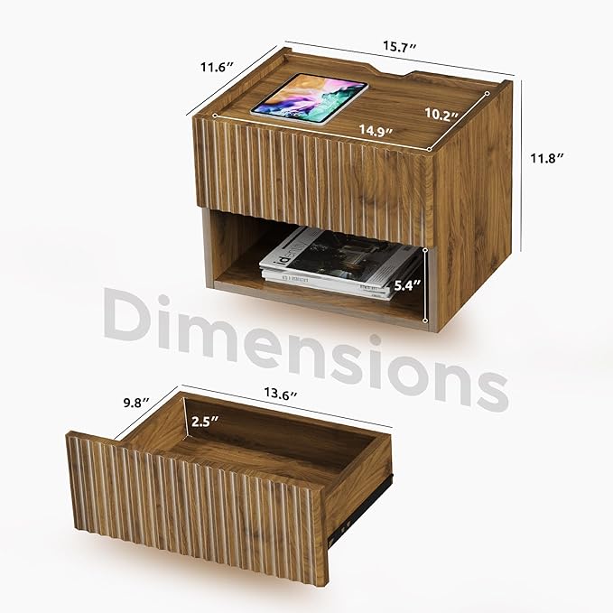 Floating Nightstand Bedroom Bedside Table - Floating Night Stand Set 2 for Small Spaces, Wall Mounted Cabinet with Storage Drawer, Brown Modern Night Stand for Dorm Hallway Entryway