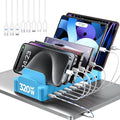320W Charging Station for Multiple Devices, Zobirez 10-Port USB C Fast Charger Stations for MacBook, iPhone, Android Cell Phone, iPad, Tablet, Family Multi-Device Organizer Charging Dock, Blue