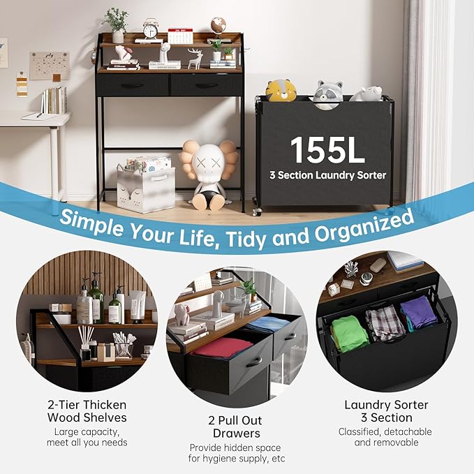 2 Tier Laundry Sorter with 3 Section Pull Out Bags Rolling Laundry Basket Organizer with 2 Drawers Laundry Hamper with Shelves and Wheels for Laundry Room, Bathroom, Bedroom Organization