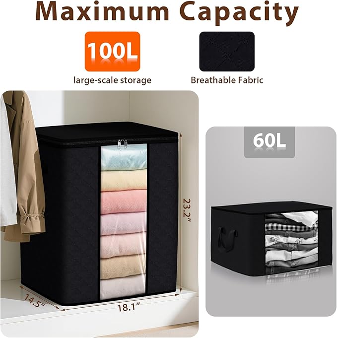 SpaceWhisper 3 Pack 100L Clothes Storage, Foldable Thick Fabric Blanket Storage Bags, Containers for Organizing Bedroom, Closet, Clothing, Comforter,Closet Organization with Handle,Black
