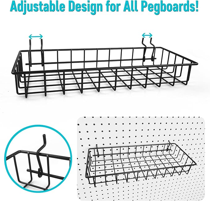 G.CORE Large Peg Board Baskets - 2 Pack Metal Shallow Tray Shelves for 1/4 Pegboards - Spray Bottle Holders Can Organizers for Garage Workbench Shop Hobby Craft Tool Organization (Black)