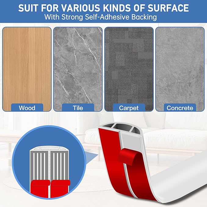 Floor Cord Cover Self Adhesive Cord Hider Floor Extension Cord Covers for Floor Power Cord Protector Cable Management Prevent Cable Trips Cable Cavity 0.47" W x 0.27" H (White, 20Ft)