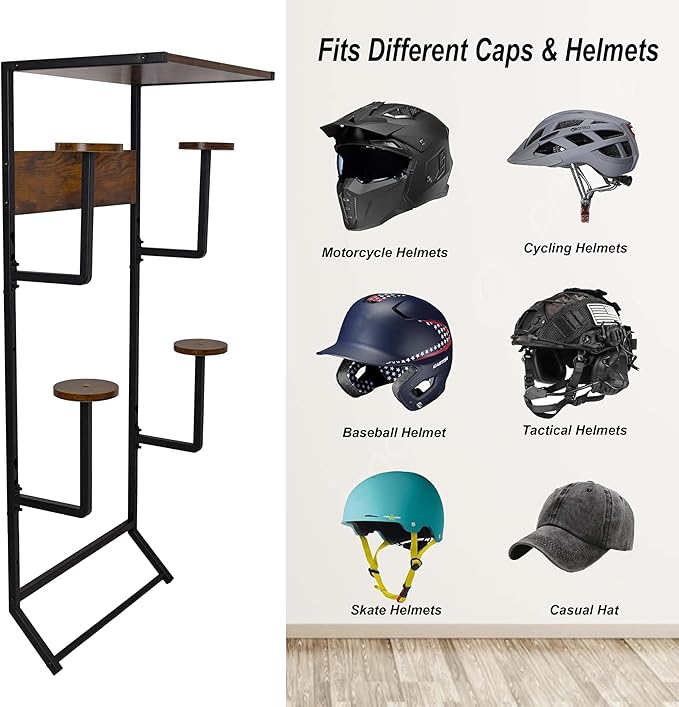 Motorcycle Helmet Holder Wall-Mounted Helmet Rack with 4 Glove Chips& Hooks - Rustic Bike Helmets Storage Organizer, Universal Wall Mount for Helmets, Gear, Clothes, Accessories，Retro