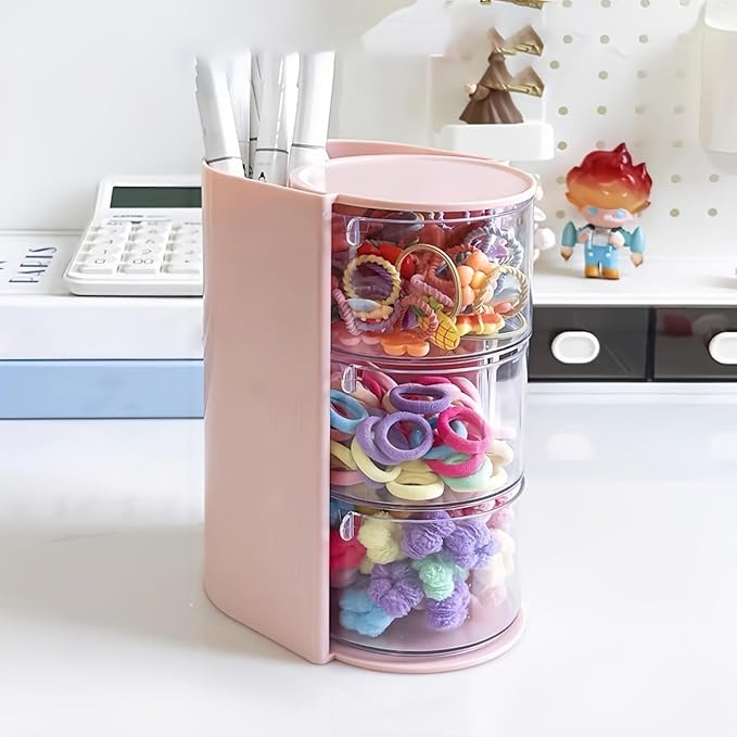 Hair Accessories Organizer with Hair Brush Holder, Rotatable Makeup Brush Holder for Necklaces, Earring, Bracelet, Ring, Makeup Brushes, Hair Clip and Hair Accessories (Pink, 3-Layer)
