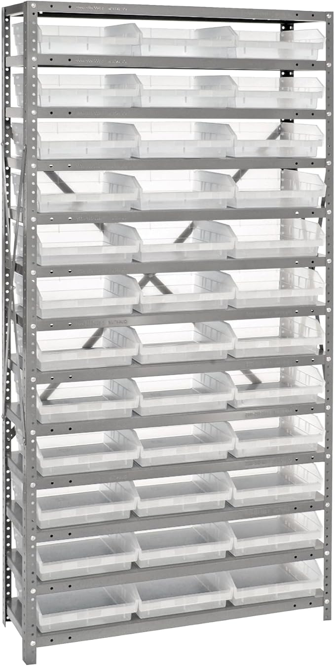 Quantum Storage Systems 1875-110CL Clear-View Sloped Shelving Unit with 4" Shelf Bins, 36 QSB110 Shelf Bins, 18" D x 36" W x 75" H