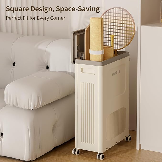 Mrbin Slim Plastic Storage Bins with Lid, 40L / 11gal Closet Rectangle Basket Containers with Wheels, Narrow Rolling Utility Organizer Boxes Cart for Kitchen, Classroom, Clothing, Pantry, White