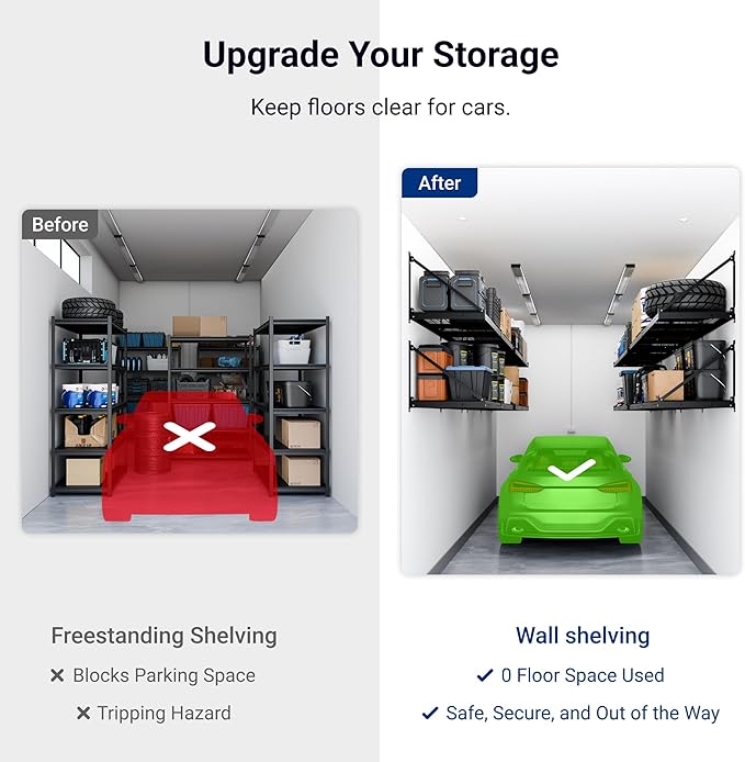 FLEXIMOUNTS 4-Pack 2x4ft Garage Wall Shelving - Heavy Duty Garage Storage System, 1320lbs Load Capacity with Brace Guardrail, Organization for Tools, Bins, Sports Equipment, Utility Room, Pro Series