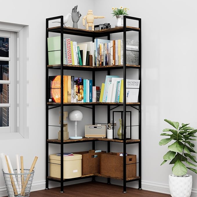 Corner Bookshelf, 69" Tall L-Shaped Bookcase for Home Office, Living Room, Bedroom - Space-Saving Storage Shelf with Metal Frame, Modern Wood & Industrial Design