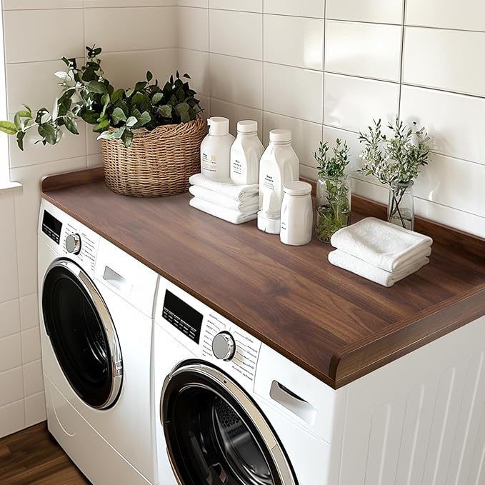 Kaboon Washer Dryer Countertop, Melamine Countertop with Edge Rails - 27.5" Depth x 54" Width Laundry Room Organization, Dark Walnut