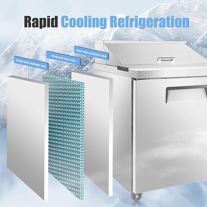 29" W Commercial Refrigerator Sandwich Salad Prep Table, Stainless Steel 1-Door Sandwich Prep Table Refrigerator, Counter Fan Cooling Refrigerator with 12 Pans for Restaurant, Bar