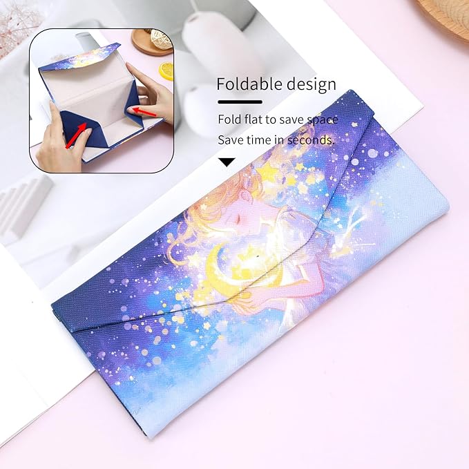 Foldable Glasses Case, Magnetic PU Leahter Sunglasses Case, Cute Hard Shell Folding Eyeglass Cases for Women Kids