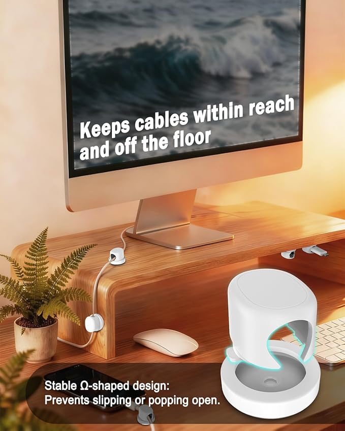 Rotatable Cord Holder, Snap-Lock Cable Clips, 8 Pack Adhesive Cord Organizer, Phone Charger Wire Organizer Keeper for Nightstand Car Kitchen Appliances Office Accessory,White