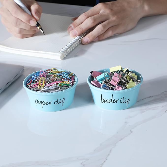 ONTUBE Ceramic Paper Clip Holder and Binder Clip Holder Set (Turquoise)